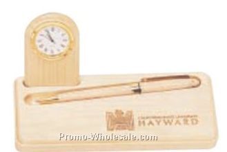 Maple Wood Table Clock And Pen Holder