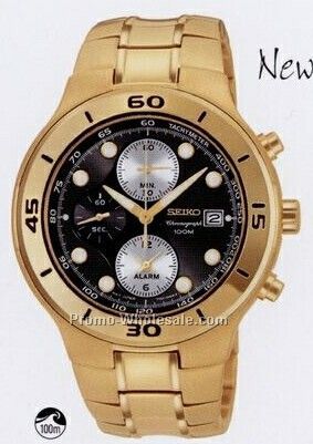 Men's Seiko Alarm Chronograph Round Watch /Gold W/ Black Face