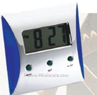Pearl Silver Lcd Alarm Clock With Blue Trim & Stand