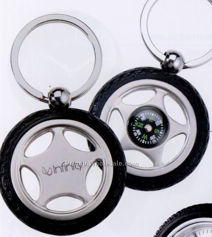 Rubber Metal Tire Key Chain W/Compass