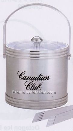 Silver Double Wall Ice Bucket W/ Lid & Tongs W/ 3 Stripe Band