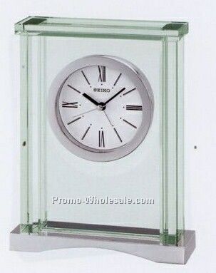 Silver Tone Glass Case Desk & Table Clock W/ Alarm