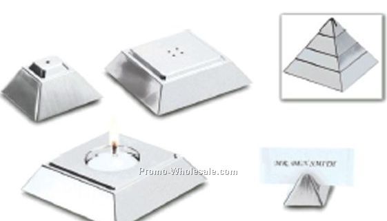 Stainless Steel Pyramid With Salt & Pepper Shakers, Votive, & Card Holder