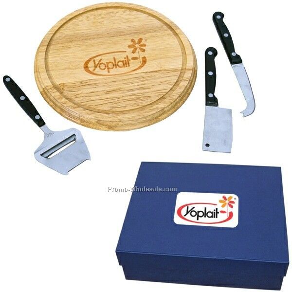 Three Piece Cheese Set With Wood Cutting Board (Imprinted)