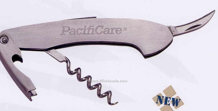 1-1/8"x5" Stainless Steel Deluxe Corkscrew & Can Opener With Serrated Knife