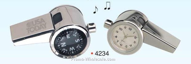1"x1"x2" 3-in-1 Chrome Whistle W/ Clock & Compass (Engraved)