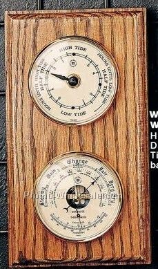 11"x6"x2" Brass Tide Clock/Barometer/Thermometer On Mahogany