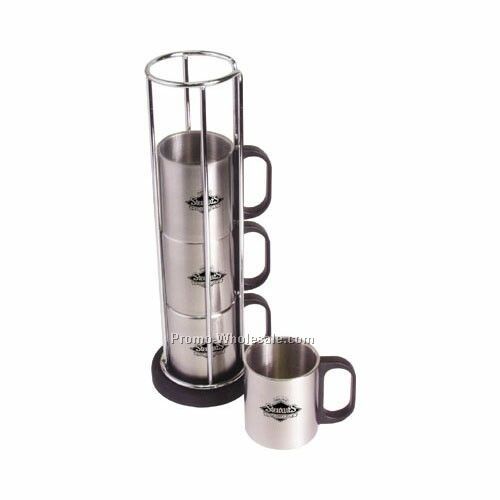 13-1/2"x5" 5-piece Stainless Steel Mug Set In Wire Storage Rack - Laser