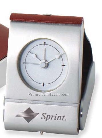 2"x3"x3-1/2" Compact Leather & Brass Alarm Clock W/ Silk Screen
