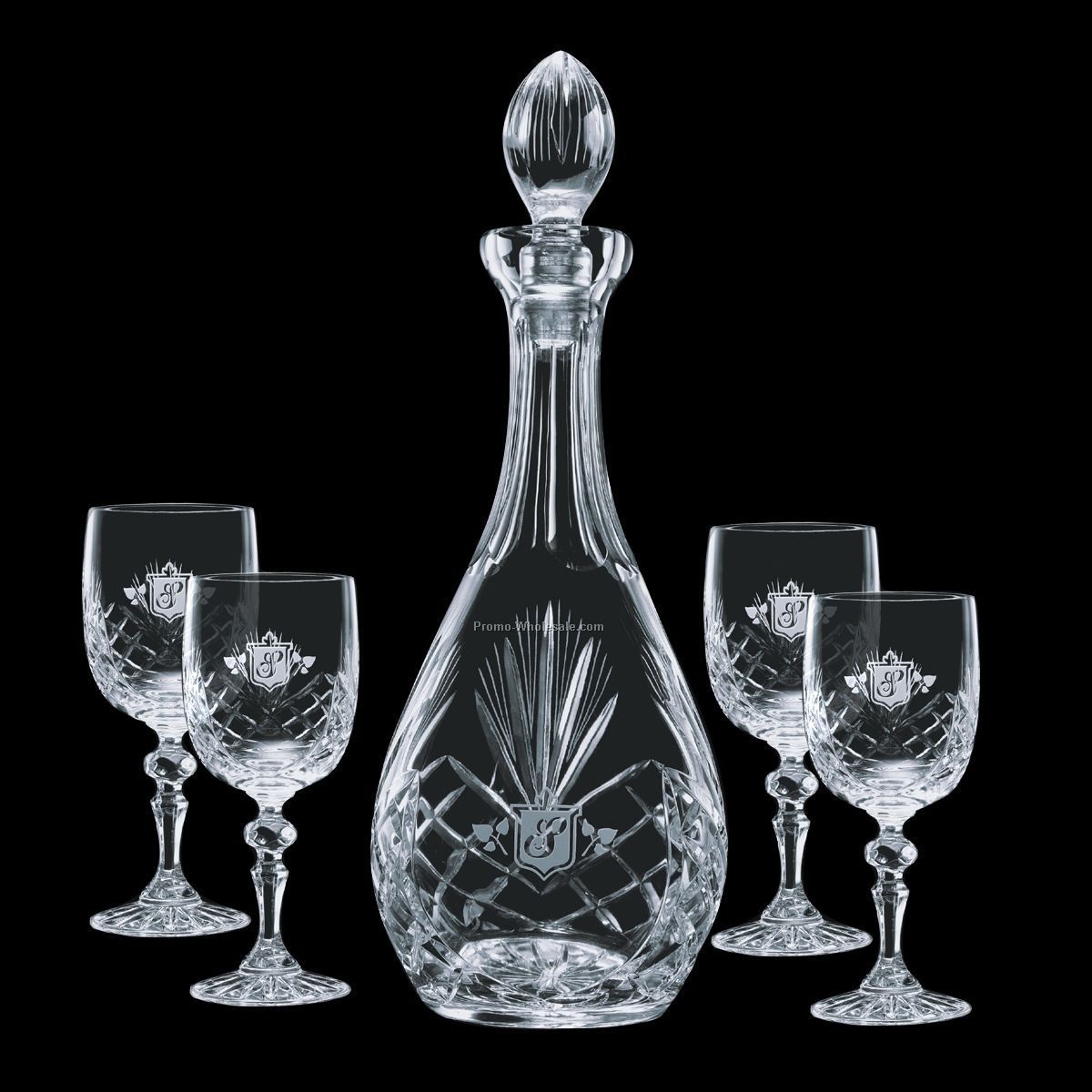 38 Oz. Cavanaugh Crystal Decanter & 4 Wine Glasses