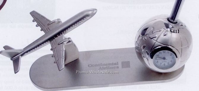 4-3/4"x2-1/4"x3" Metal Airplane Pen Holder With Globe Clock