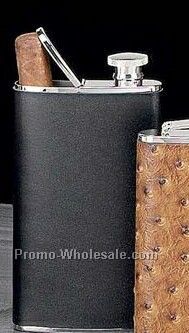 4 Oz. Stainless Steel Flask & Cigar Holder - Black Leather