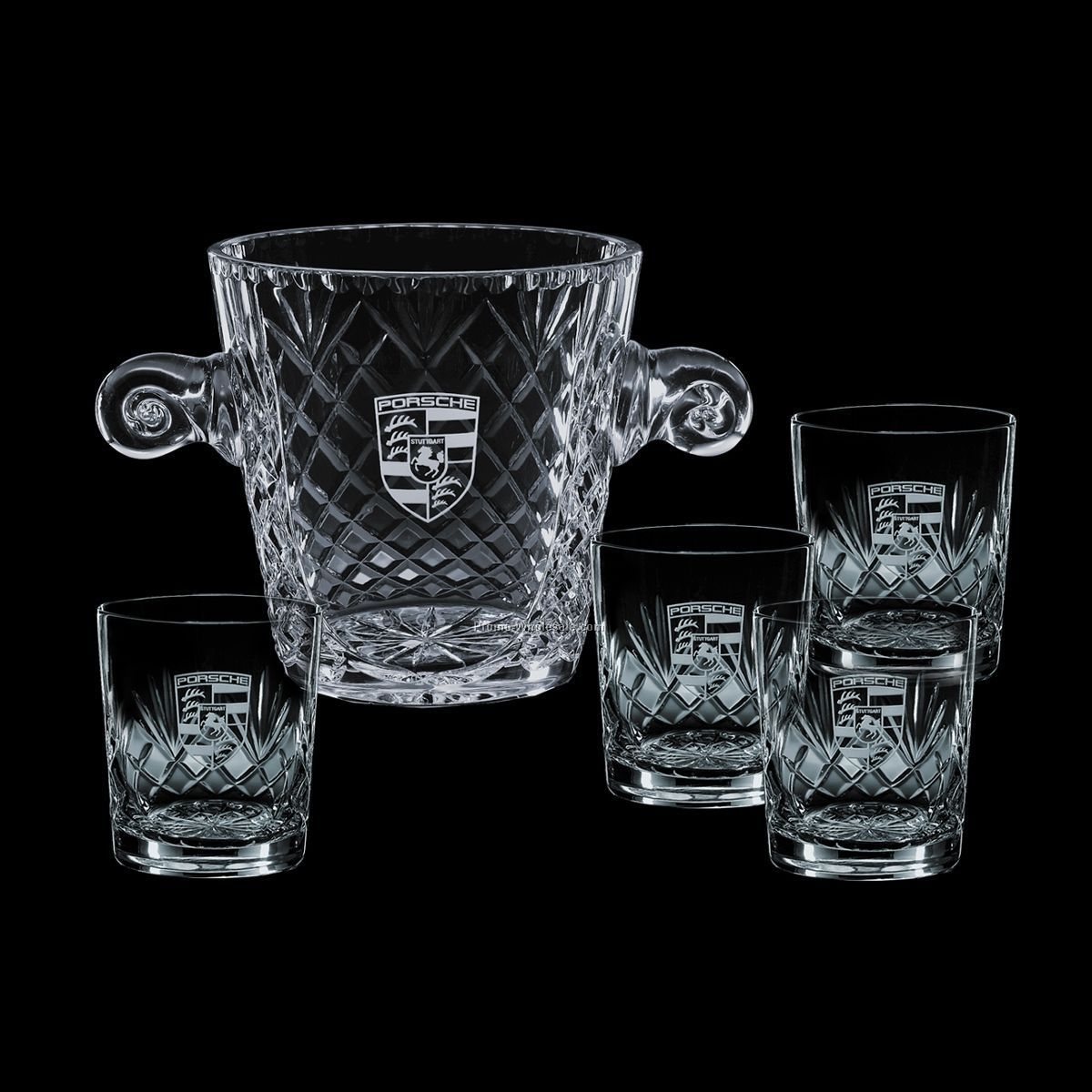 5-1/2" Medallion Crystal Ice Bucket & 4 On-the-rocks Glasses