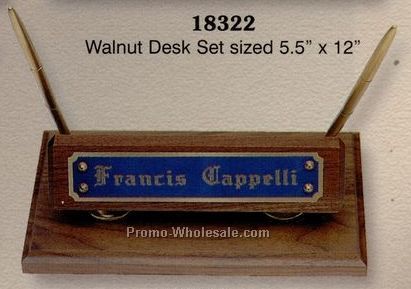 5-1/2"x10" Walnut Name Block 2 Pen Holder Desk Set