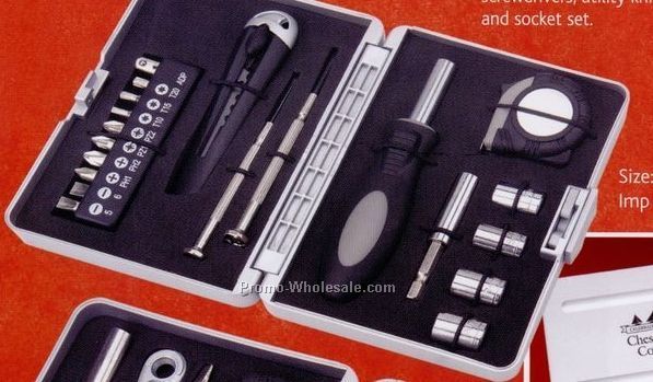 5-1/4"x4" 9 Piece Compact Tool Set With Sockets, Tape Measure And Knife
