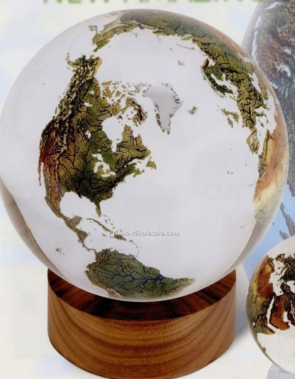 6" Clear Crystal Earth Sphere On Spinning Wooden Base