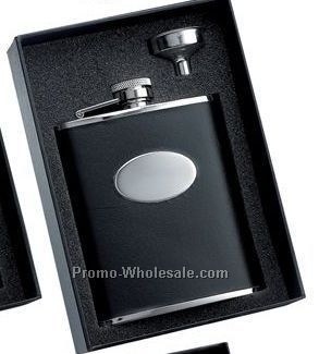 6 Oz. Bonded Black Leather Stainless Steel Flask With Oval Convex With Silv
