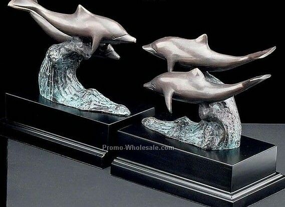 7" Bronzed/Patina Finished Brass Dolphin Bookend On Wood Base