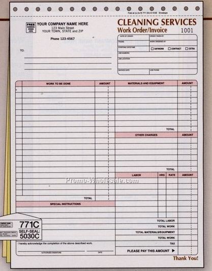 8-1/2"x11" 3 Part Cleaning Work Order Invoice