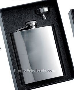 8 Oz Stainless Steel Flask With Plain Front And Silver Funnel In Black Gift