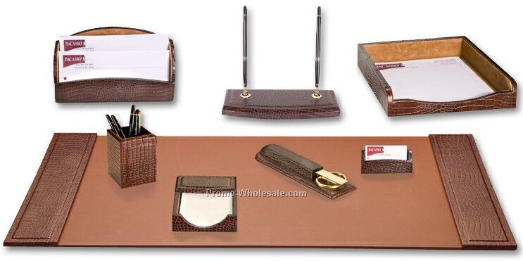 8-piece Embossed Crocodile Leather Desk Set - Brown