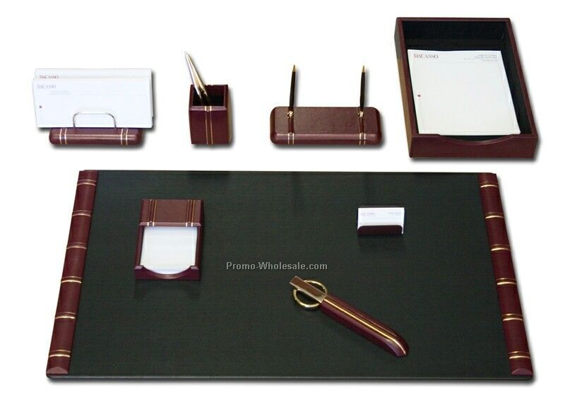 8-piece Gold-striped Leather Desk Set - Burgundy