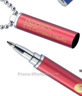 Brass Magnetic Cap-off Red Ballpoint Pen W/ Mini Beaded Necklace Chain