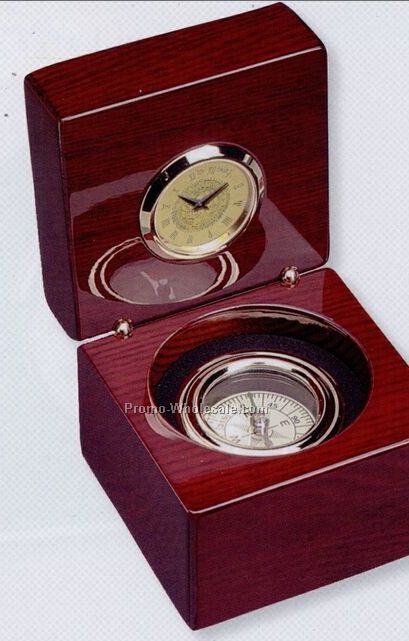 Compass Clock W/ Rosewood Finish Case
