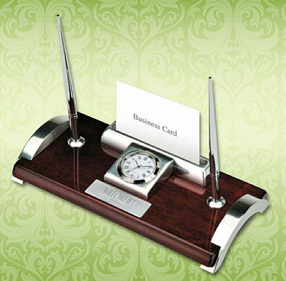 Essentials Quercia I Wood & Aluminum Clock/ Business Card Holder 8"x4"