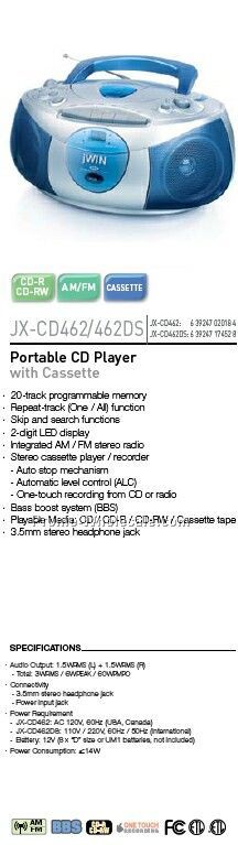 Jwin Portable CD Casette Player W AM/FM Stereo Radio Dual Volt
