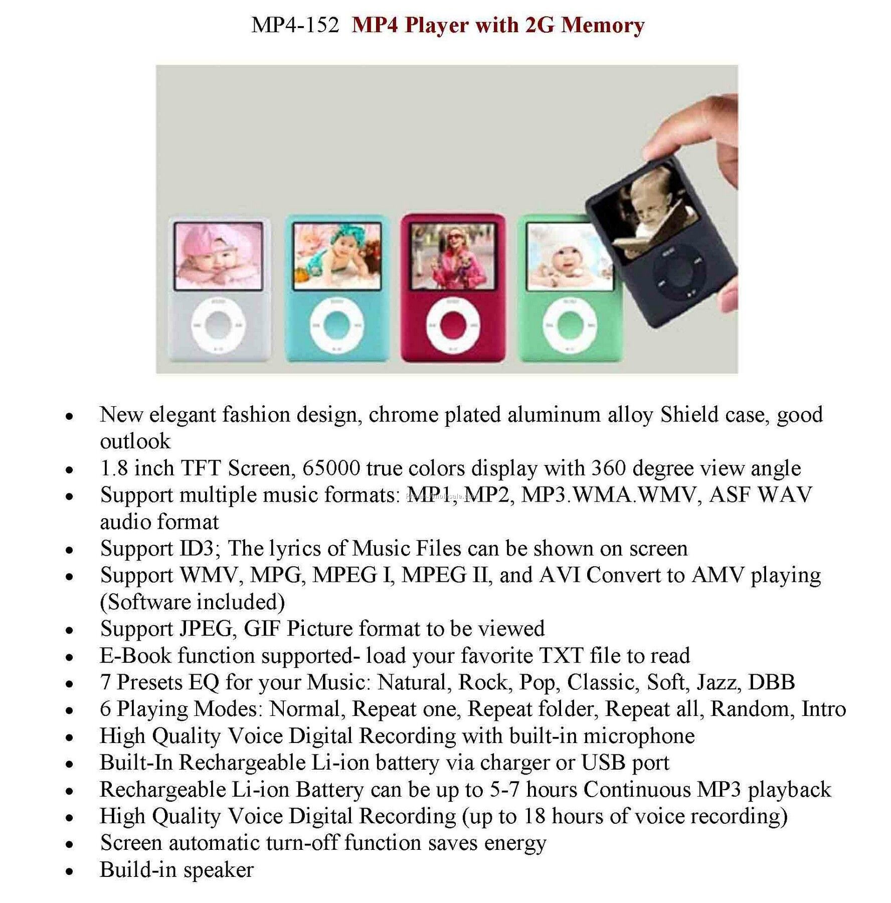 Mp4, Mp3, Video Music Player, With 2g Memory, Voice Recorder