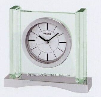 Silver Tone Glass Case Desk & Table Clock W/ Alarm