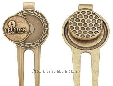Solid Brass Divot Tool With Magnetic Ball Marker And Ball-shaped Money Clip