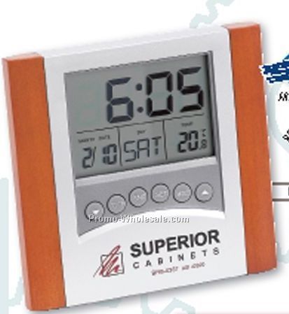 Thermo Calendar Alarm Clock W/ Wood Trim - 4-1/2"x4-1/4"
