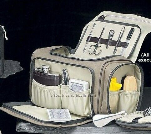 Tote Bag W/Flask/Bar Tool/Shoe Shine Set/5 Piece Manicure Set In Suede Case