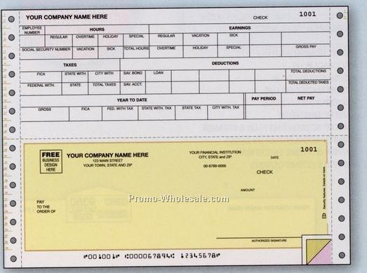 1 Part Payroll Check W/ Stub