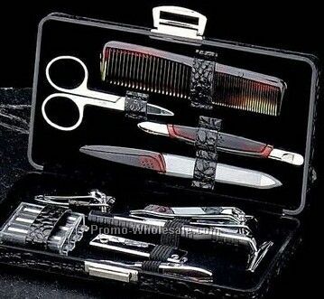 10 Piece Manicure & Shave Set W/ Black Leather Case - Silver Plated