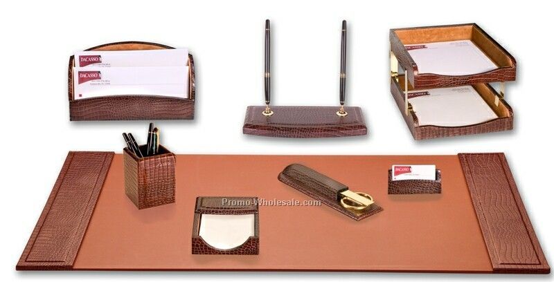 10-piece Embossed Crocodile Leather Desk Set - Brown