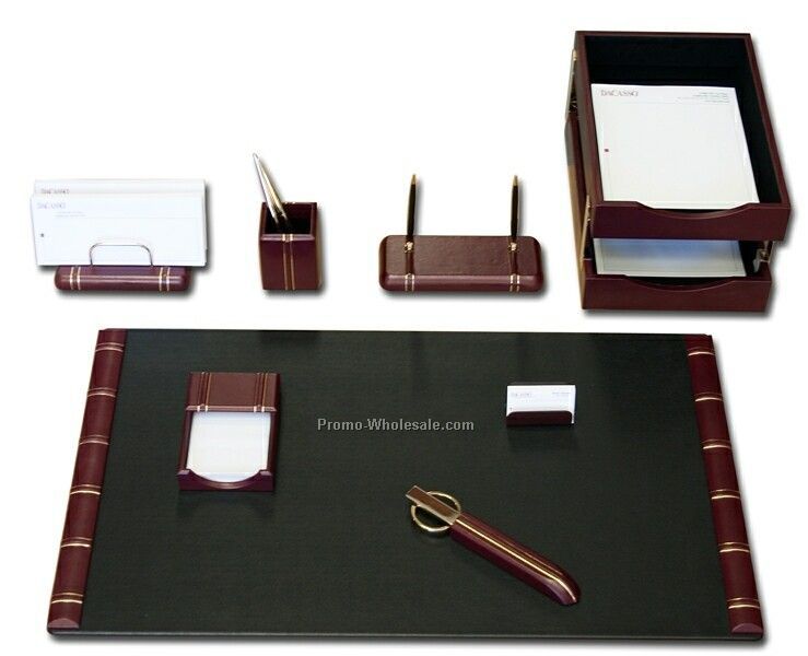 10-piece Gold-striped Leather Desk Set - Burgundy