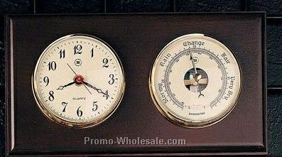 11"x6"x2" Brass Clock & Barometer On Oak Wood Base