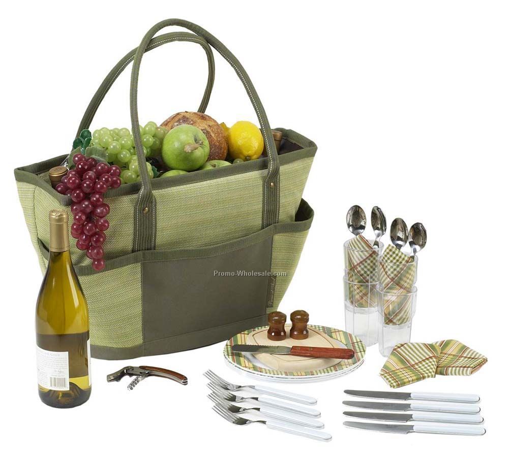 12"x21"x9-1/2" Hamptons Picnic Basket Cooler Tote For Four