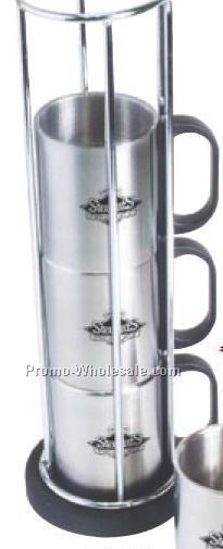 13-1/2"x5" 5-piece Stainless Steel Mug Set In Wire Storage Rack - Print