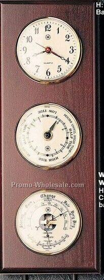 16"x6"x2" Brass Time & Tide Clock/Barometer/Thermometer On Mahogany