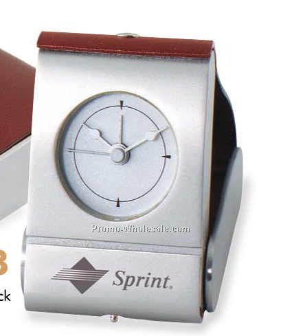 2"x3"x3-1/2" Compact Leather & Brass Alarm Clock W/ Rotary Engrave