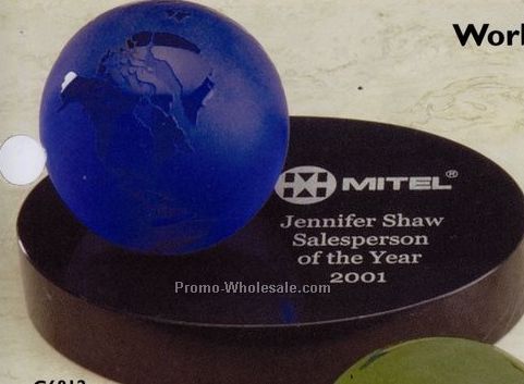 3" Blue World Glass Globe Award On Marble