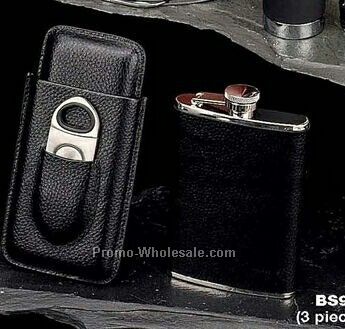 3 Piece Black Leather 8 Oz. Flask, Cigar Case & Cutter Set