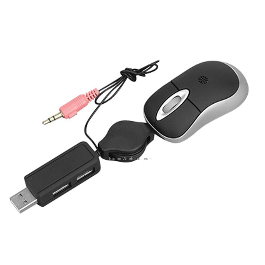 3-in-1 Super Mini Optical USB Mouse W/ 2 USB Ports & Microphone