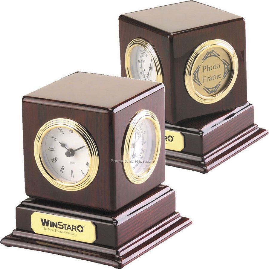 4-way Revolving Clock & Picture Frame W/ Hygrometer & Thermometer