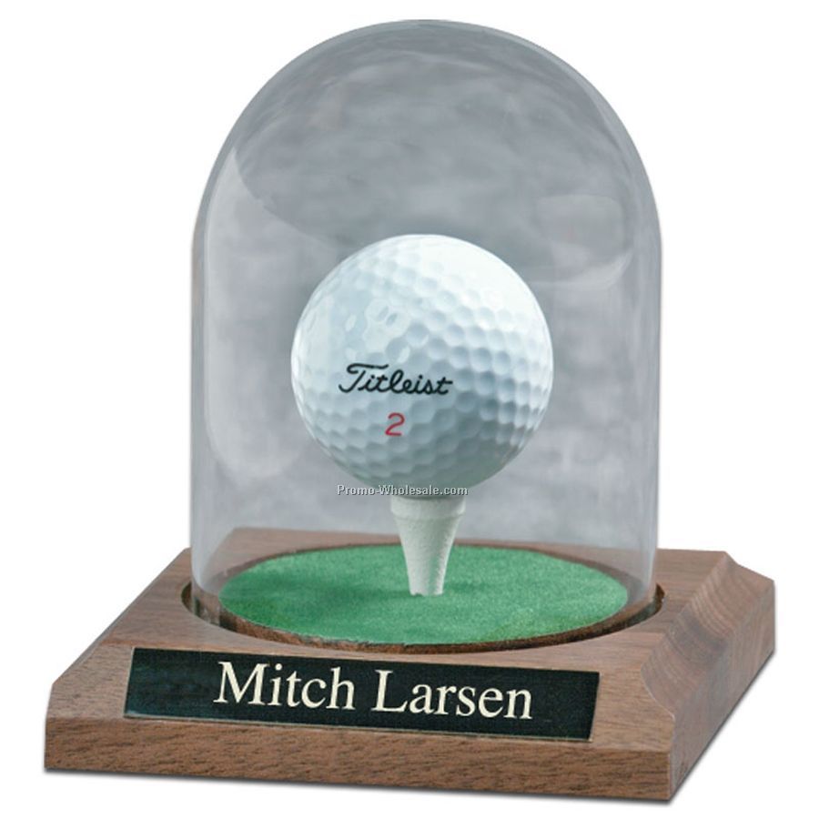 4"x4"x5" Golf Ball Award In Glass Dome With Walnut Base