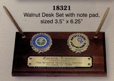 5-1/2"x10" Walnut Name Block W/Logos And 2 Pen Holders Desk Set